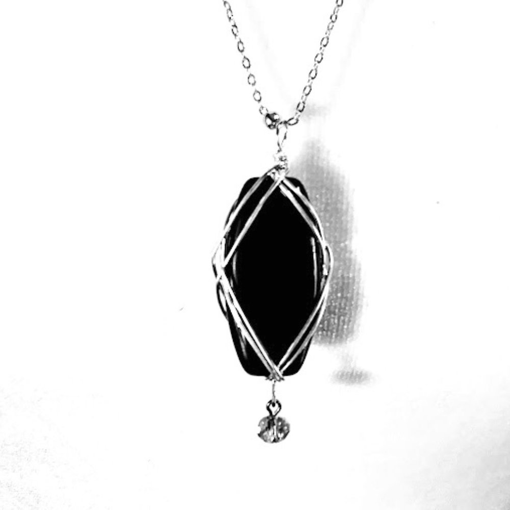 *BLACK ONXY WIRE WRAPPED PENDANT*SATURN STYLE CHAIN NECKLACE*HAND CRAFTED